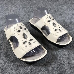 Alegria Slide Sandals Womens 9 White Leather Wedge Medallion Comfort